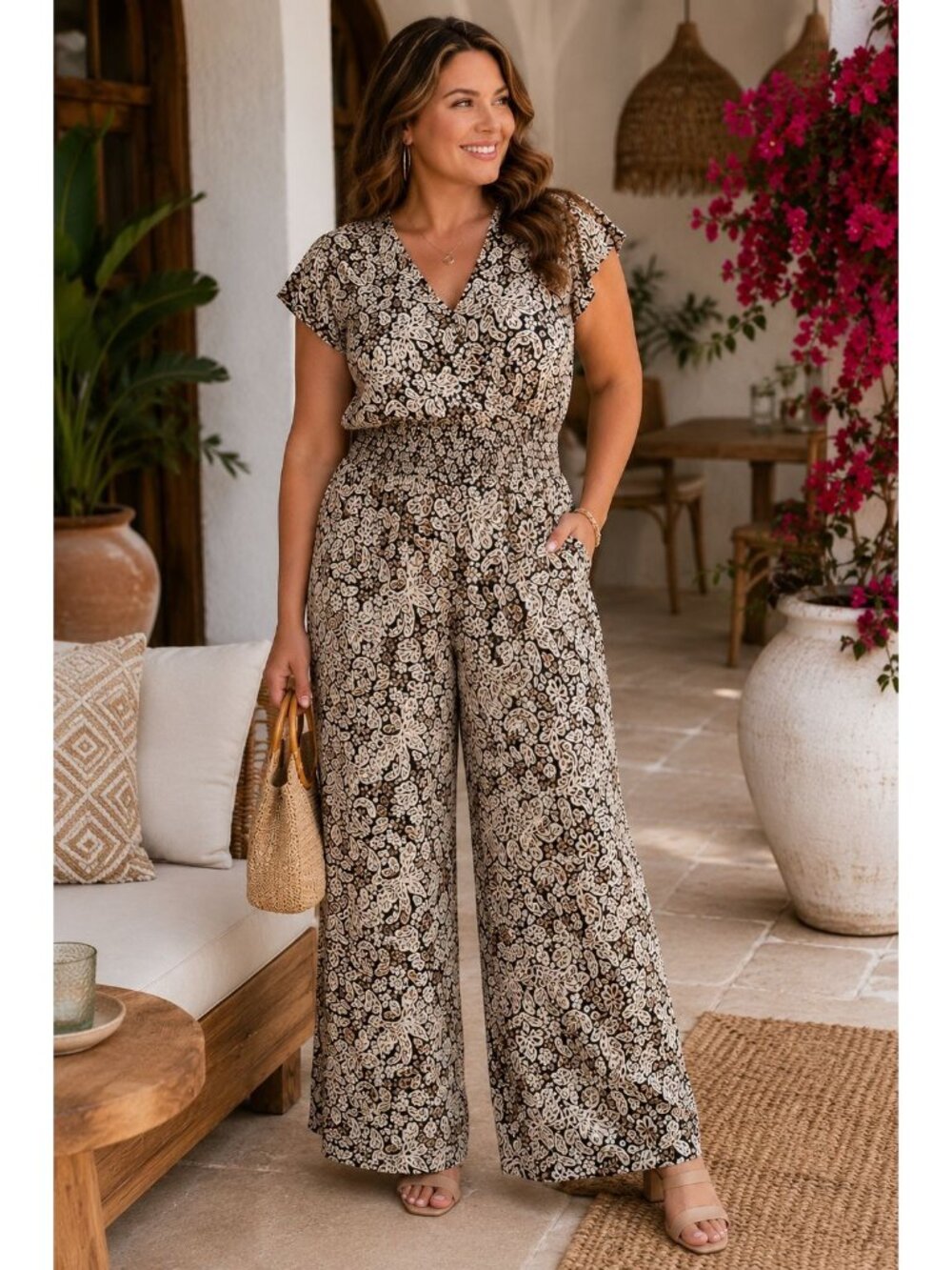 MSK Jumpsuit Womens L Black Beige Paisley Wide Leg Smocked Waist Boho